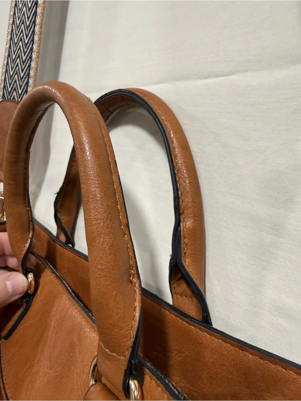 Brown Faux Leather Tote Crossbody Bag Chevron Strap Boho Satchel